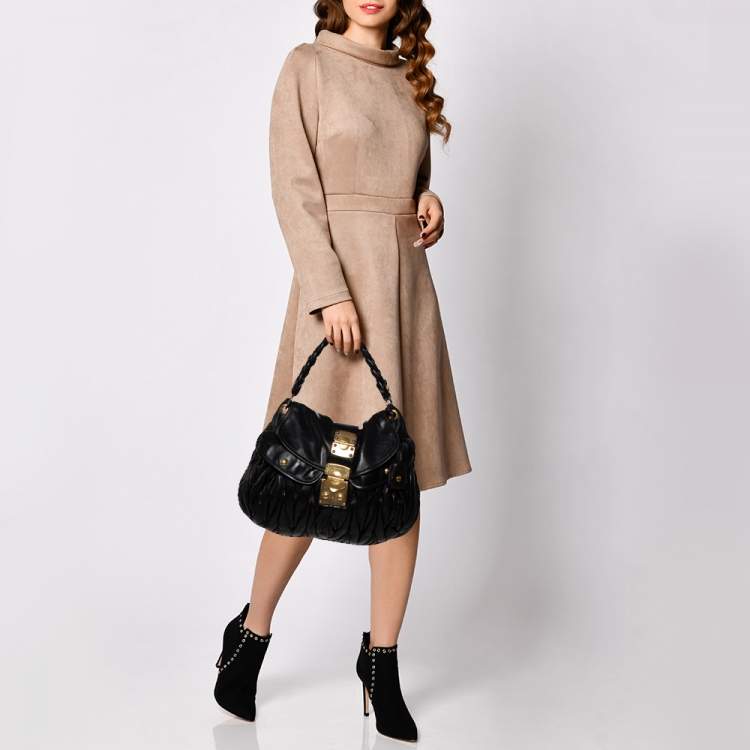 Pre Owned Miu Miu Black Matelassé Lux Leather Coffer Hobo