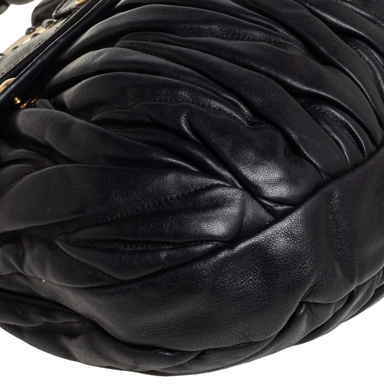 Pre Owned Miu Miu Black Matelassé Lux Leather Coffer Hobo