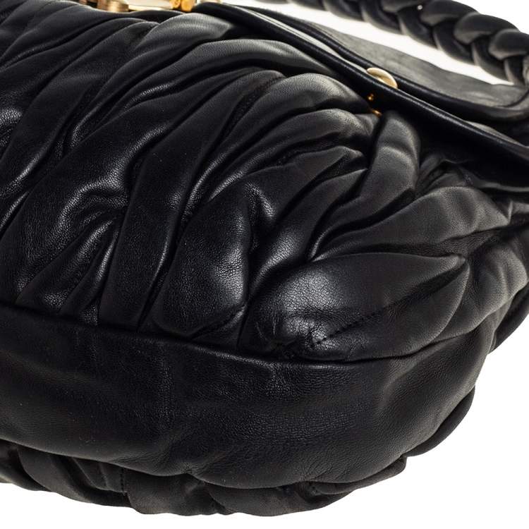 Pre Owned Miu Miu Black Matelassé Lux Leather Coffer Hobo