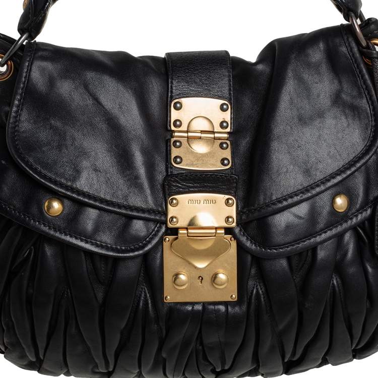 Pre Owned Miu Miu Black Matelassé Lux Leather Coffer Hobo