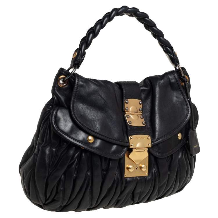 Pre Owned Miu Miu Black Matelassé Lux Leather Coffer Hobo