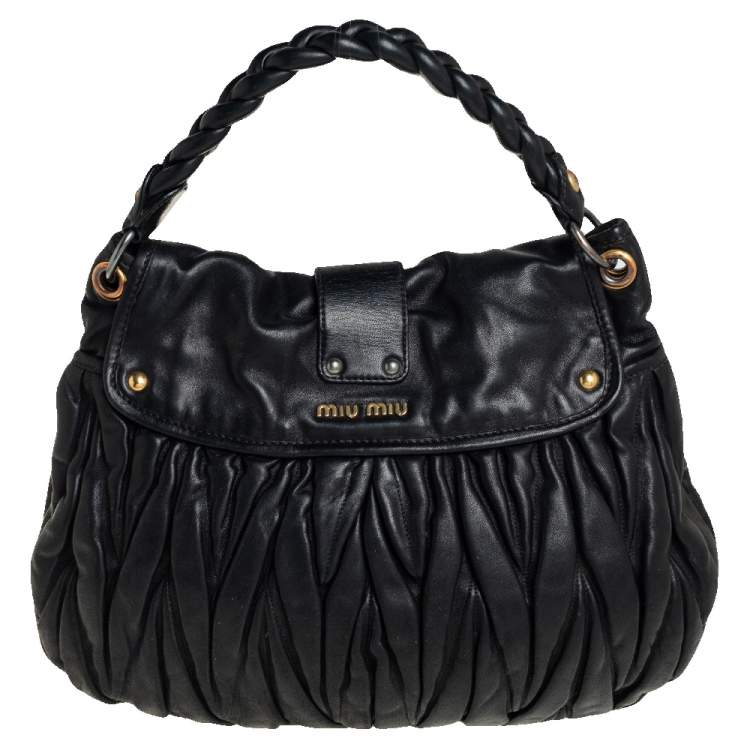 Pre Owned Miu Miu Black Matelassé Lux Leather Coffer Hobo
