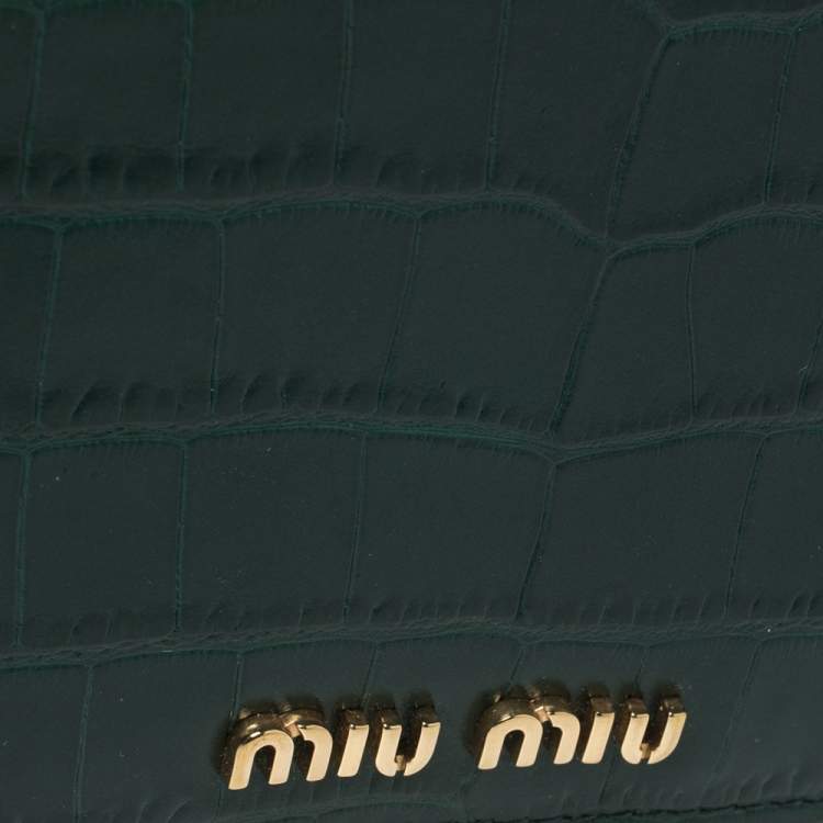 Pre Owned Miu Miu Green Croc Embossed Leather Bifold Wallet