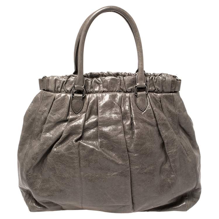 Pre Owned Miu Miu Grey Glaze Leather Gathered Tote