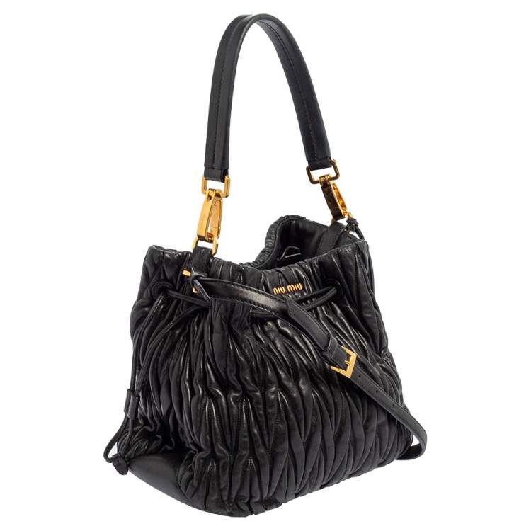 Pre Owned Miu Miu Black Matelassé Leather Drawstring Bucket Bag