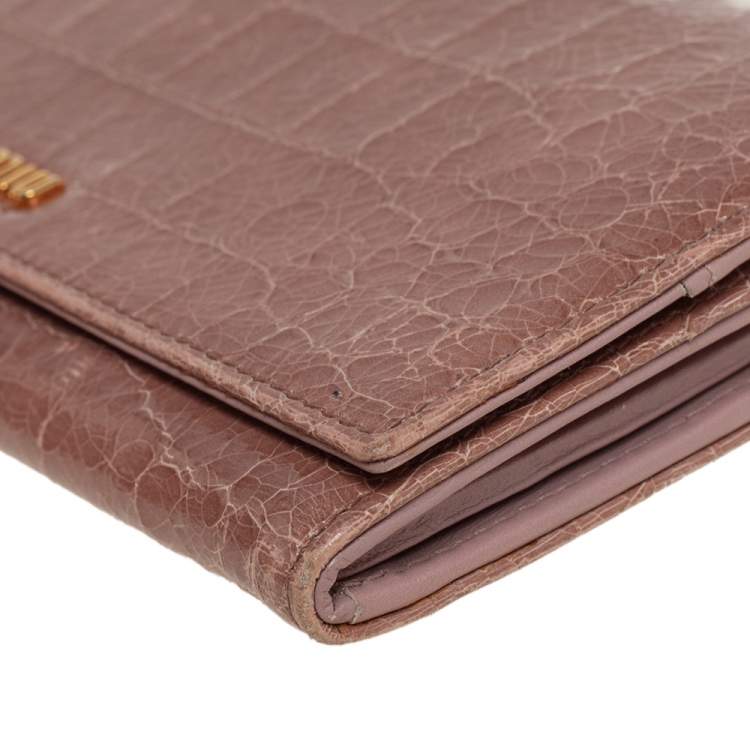 Pre Owned Miu Miu Beige Croc Embossed Patent Leather Flap Continental Wallet