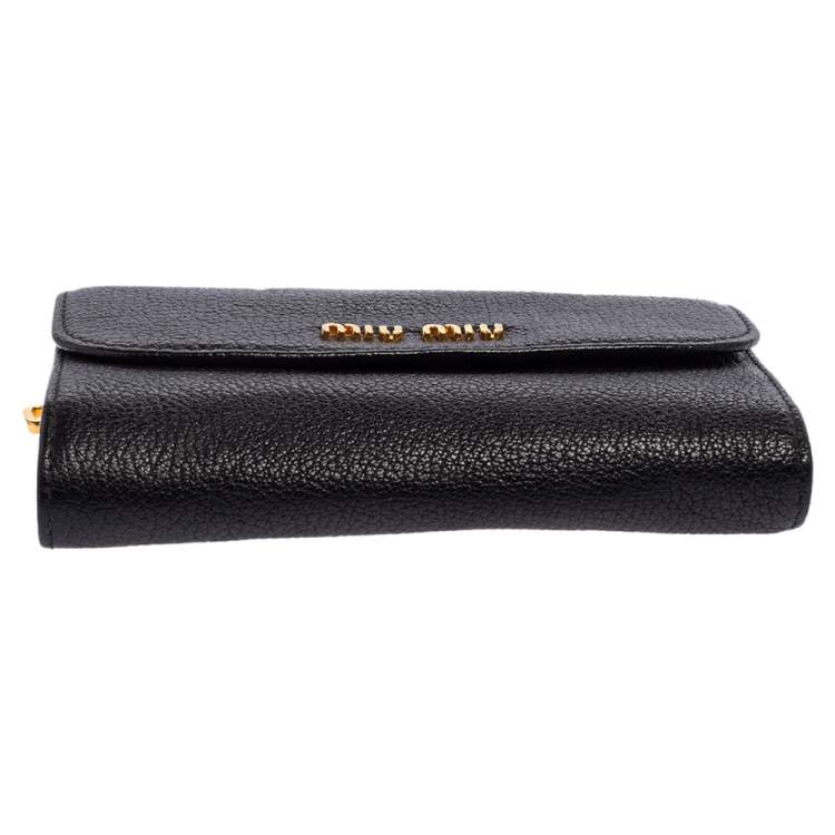 Pre Owned Miu Miu Black Leather Madras Compact Wallet