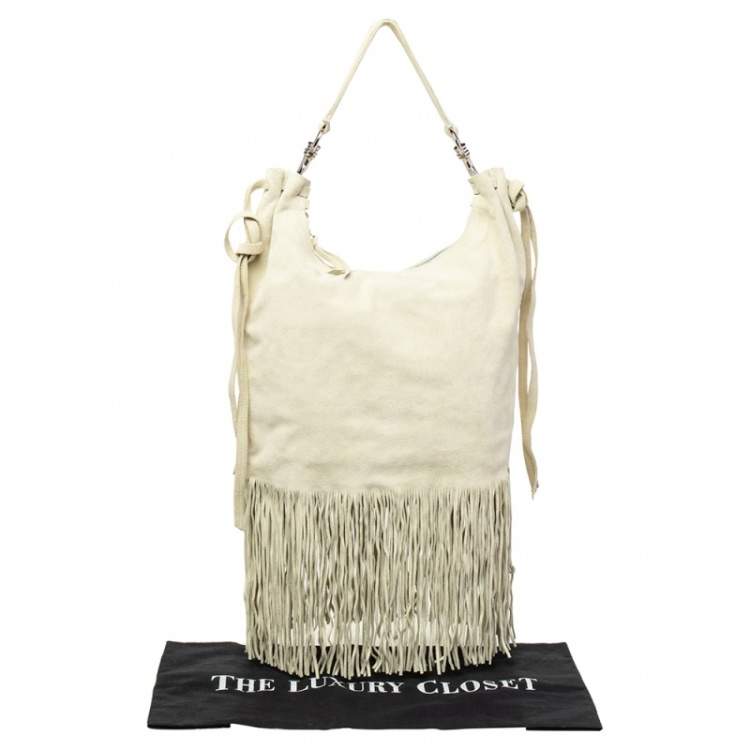 Pre Owned Miu Miu Light Beige Suede Fringe Hobo