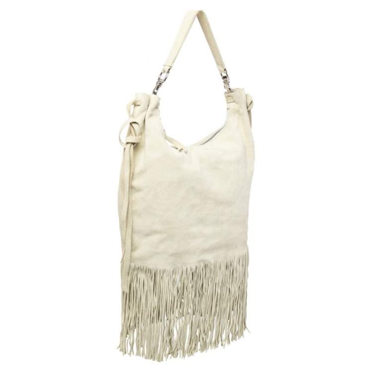 Pre Owned Miu Miu Light Beige Suede Fringe Hobo