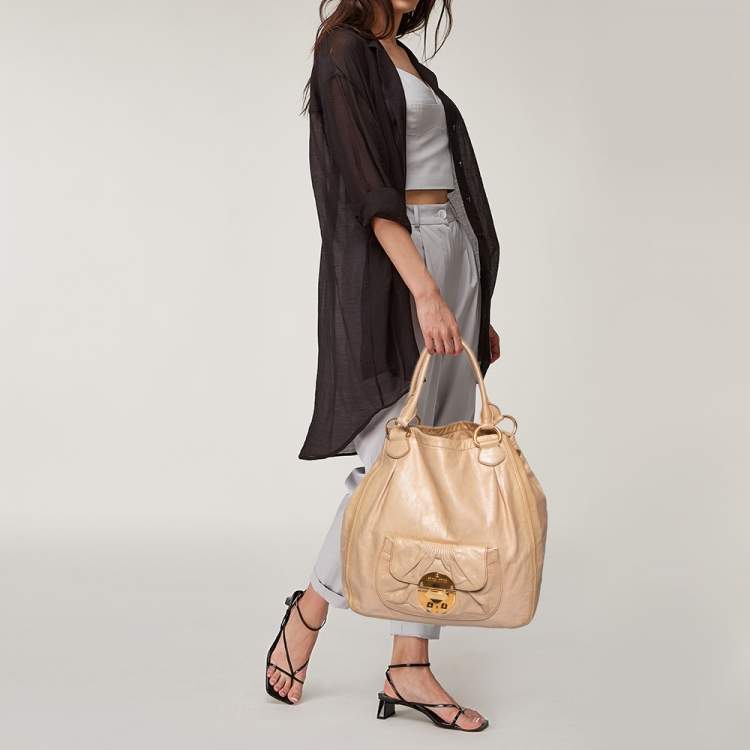 Pre Owned Miu Miu Beige Leather Front Pocket Hobo