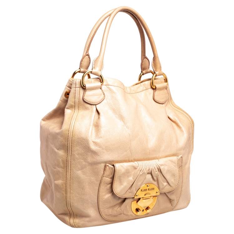 Pre Owned Miu Miu Beige Leather Front Pocket Hobo
