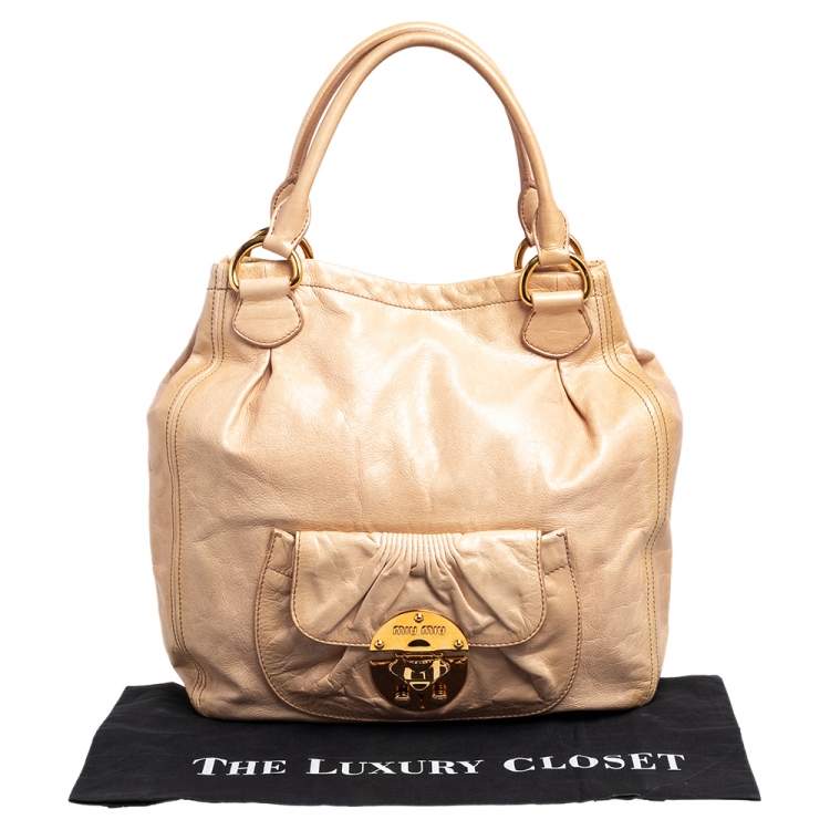 Pre Owned Miu Miu Beige Leather Front Pocket Hobo