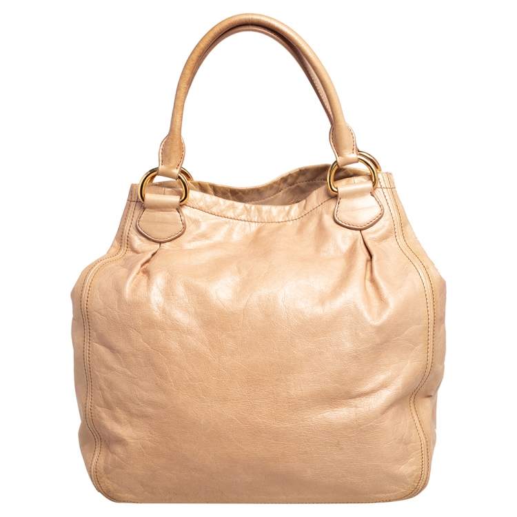 Pre Owned Miu Miu Beige Leather Front Pocket Hobo