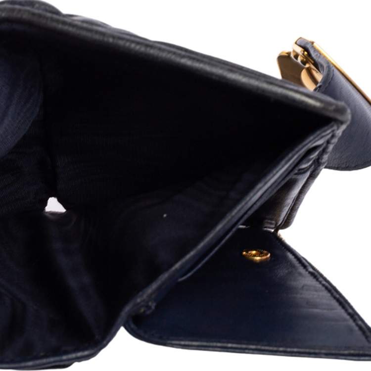 Pre Owned Miu Miu Navy Blue Matelassé Leather Clasp Lock Continental Wallet
