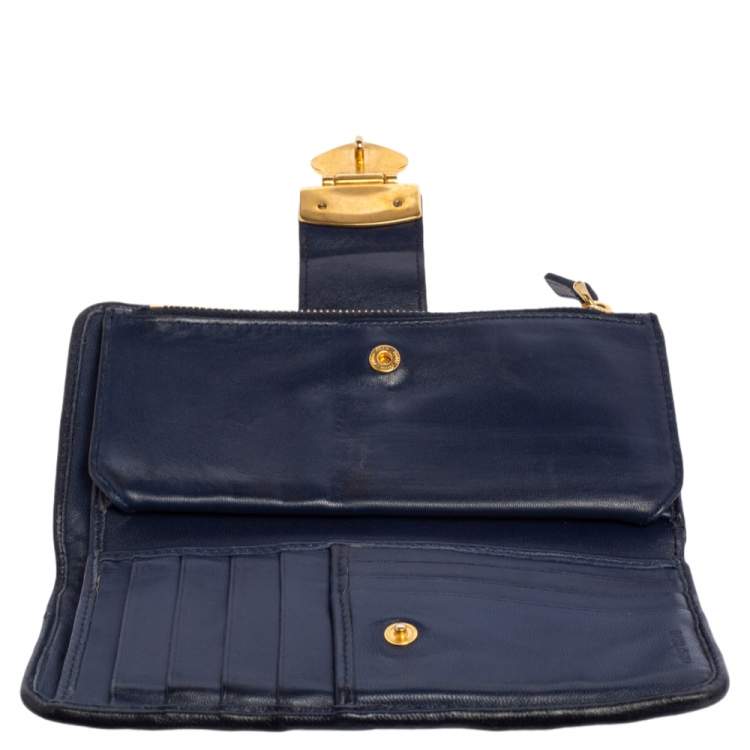 Pre Owned Miu Miu Navy Blue Matelassé Leather Clasp Lock Continental Wallet
