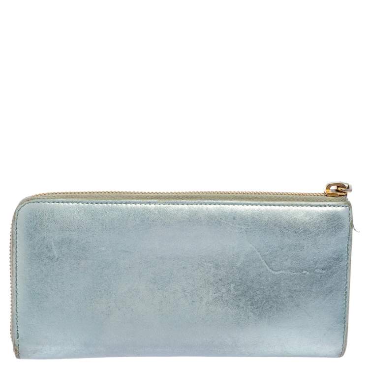Pre Owned Miu Miu Metallic Blue Leather Zip Around Wallet