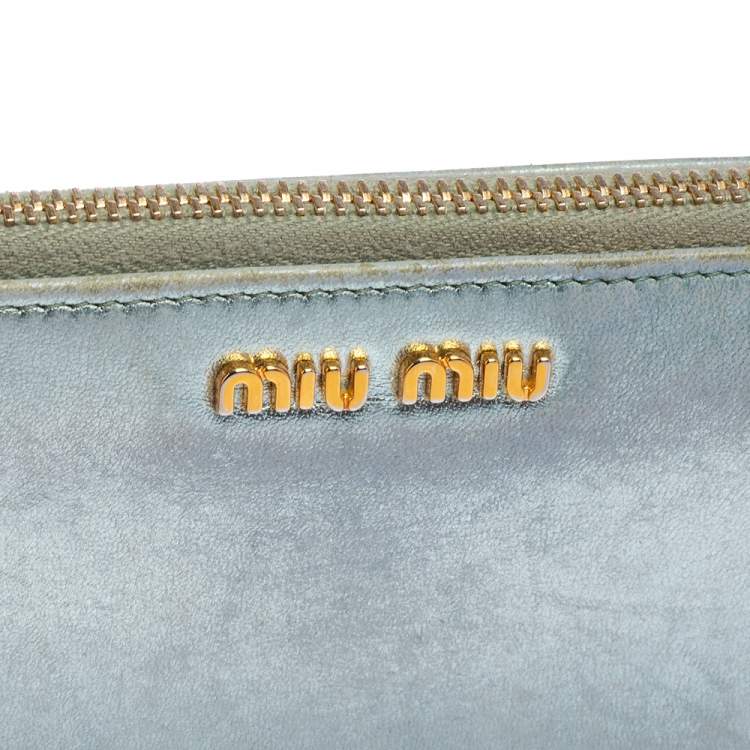 Pre Owned Miu Miu Metallic Blue Leather Zip Around Wallet