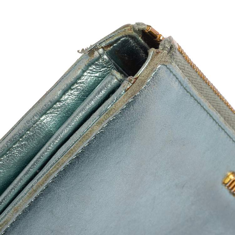Pre Owned Miu Miu Metallic Blue Leather Zip Around Wallet