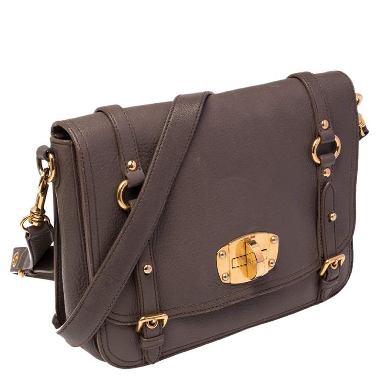 Pre Owned Miu Miu Grey Leather East West Pattina Cervo Messenger Bag