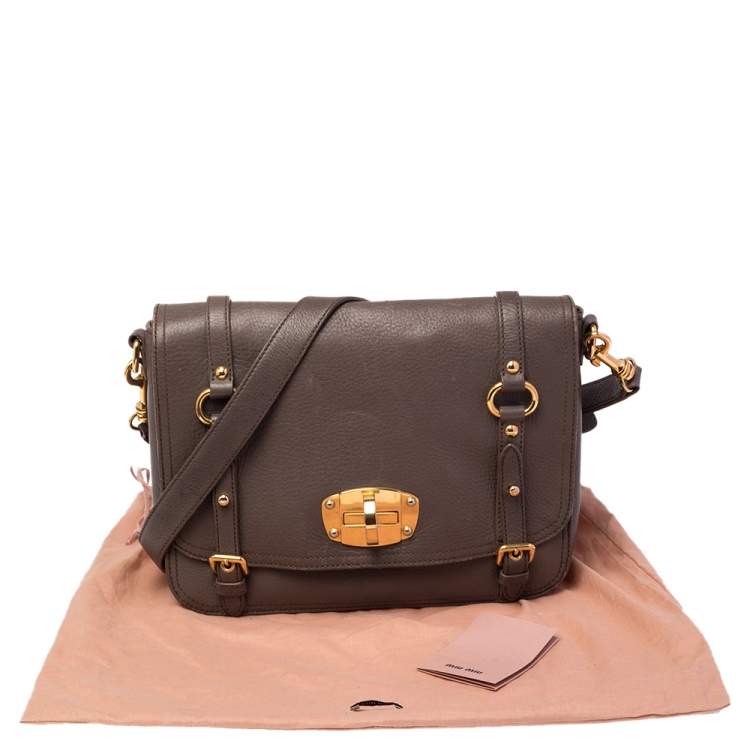 Pre Owned Miu Miu Grey Leather East West Pattina Cervo Messenger Bag