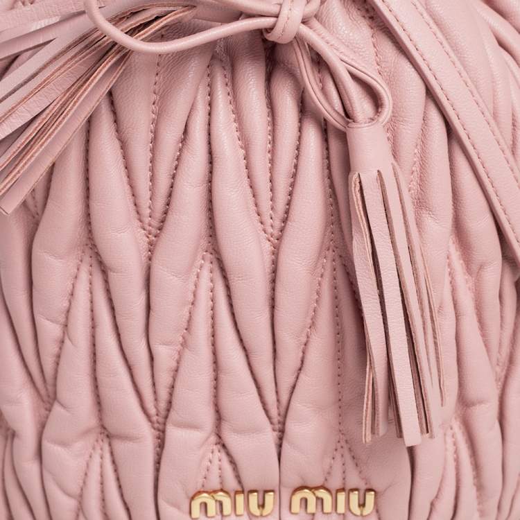Pre Owned Miu Miu Pink Matelassé Leather Drawstring Bucket Bag