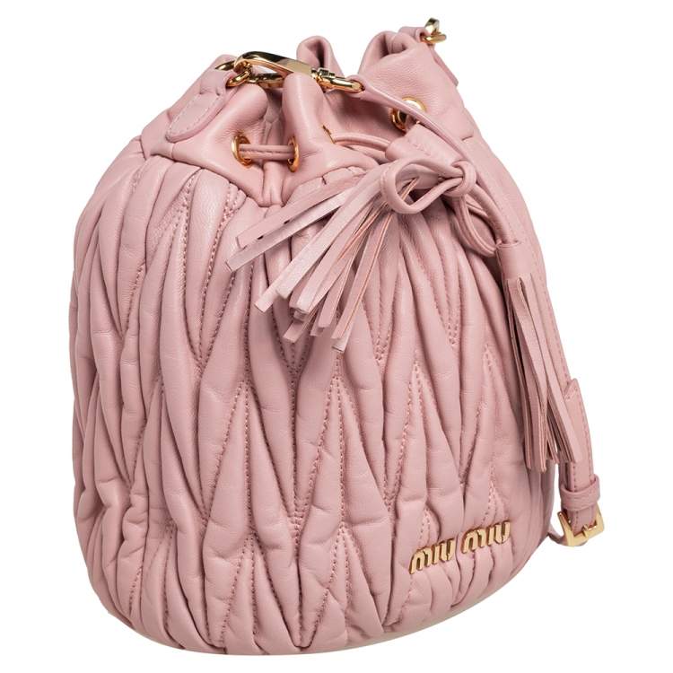 Pre Owned Miu Miu Pink Matelassé Leather Drawstring Bucket Bag
