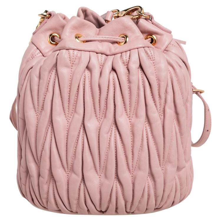 Pre Owned Miu Miu Pink Matelassé Leather Drawstring Bucket Bag