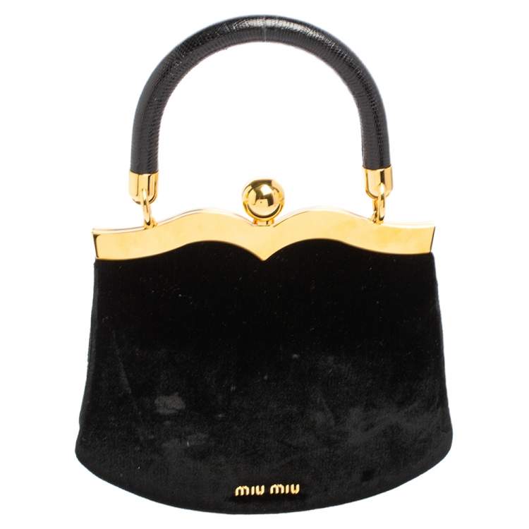 Pre Owned Miu Miu Black Velvet Frame Clutch Top Handle Bag