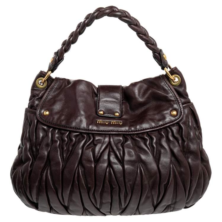 Pre Owned Miu Miu Burgundy Matelassé Leather Coffer Hobo