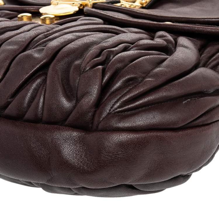 Pre Owned Miu Miu Burgundy Matelassé Leather Coffer Hobo