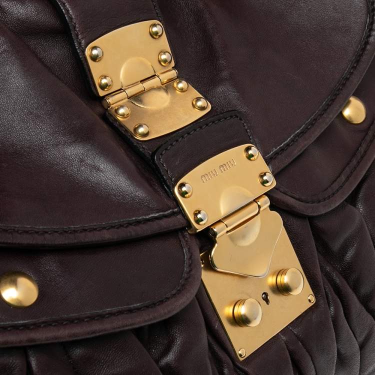 Pre Owned Miu Miu Burgundy Matelassé Leather Coffer Hobo