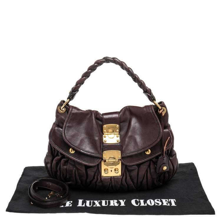 Pre Owned Miu Miu Burgundy Matelassé Leather Coffer Hobo