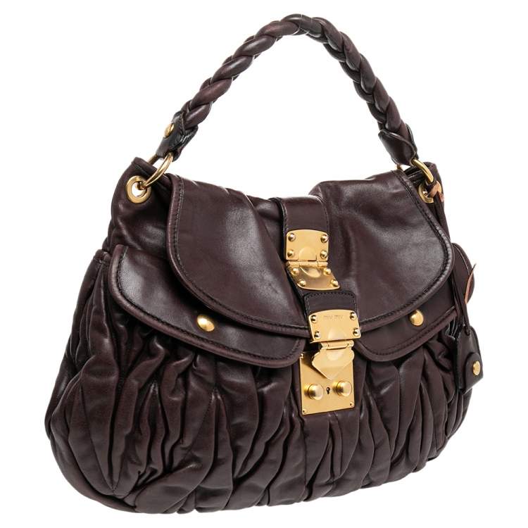 Pre Owned Miu Miu Burgundy Matelassé Leather Coffer Hobo