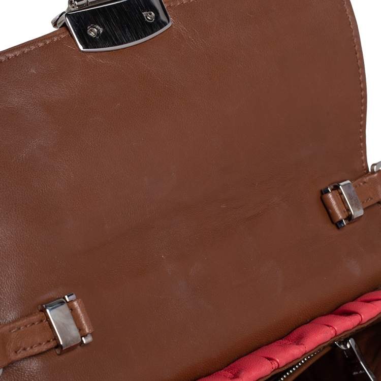 Pre Owned Miu Miu Brown/Coral Matelasse Leather Top Handle Bag