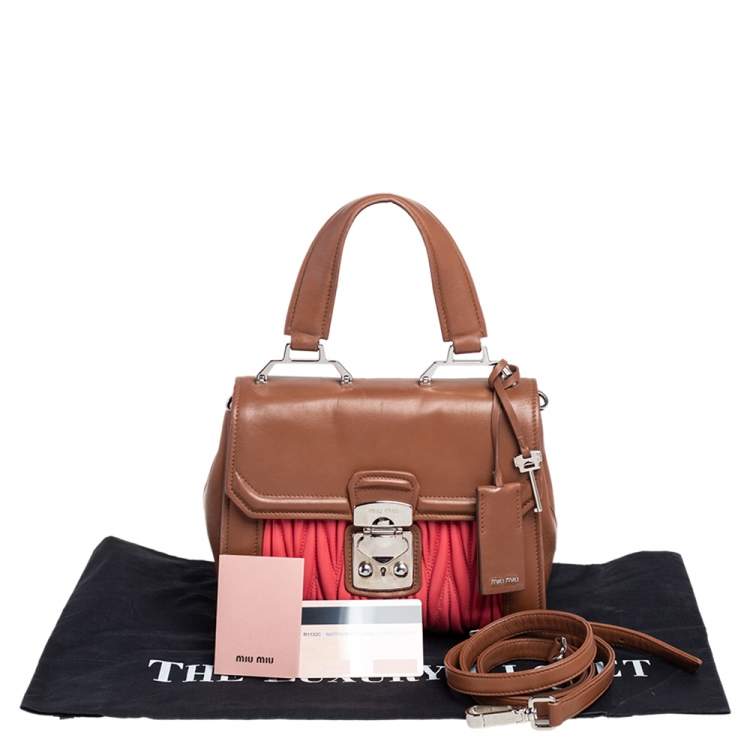 Pre Owned Miu Miu Brown/Coral Matelasse Leather Top Handle Bag