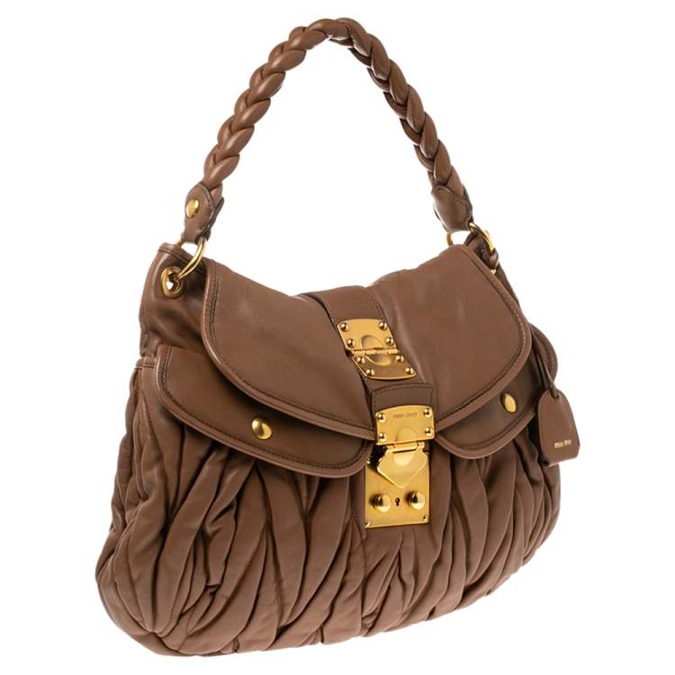 Pre Owned Miu Miu Brown Matelassé Lux Leather Coffer Hobo