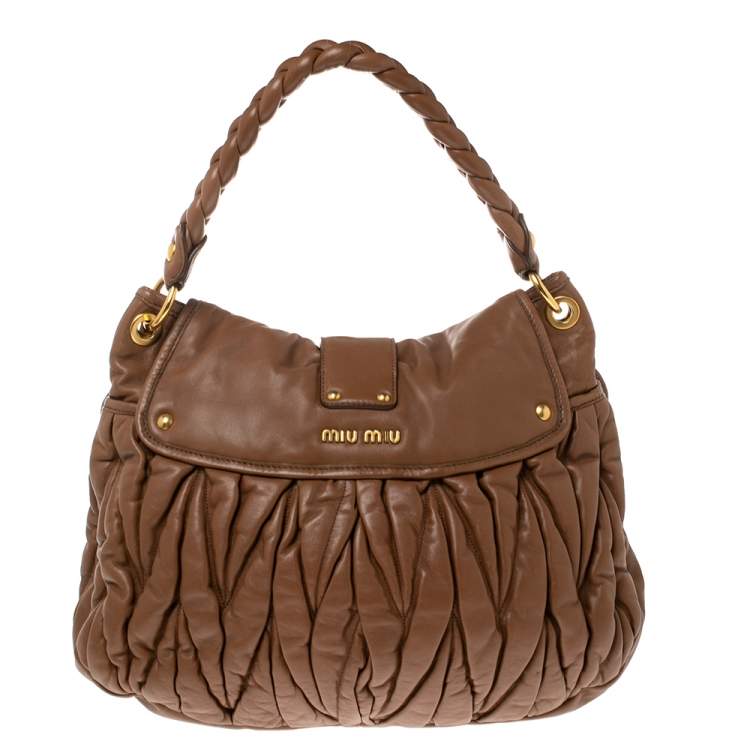 Pre Owned Miu Miu Brown Matelassé Lux Leather Coffer Hobo