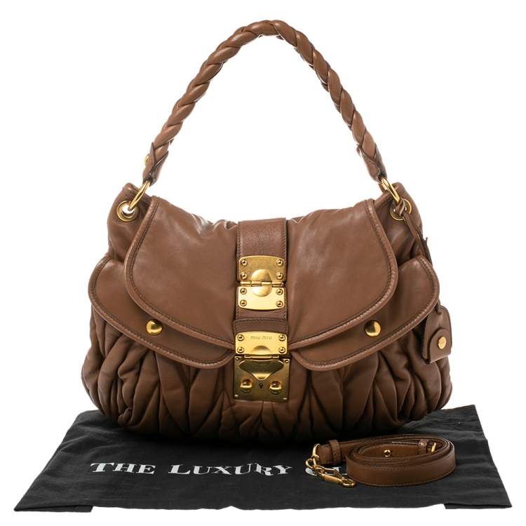Pre Owned Miu Miu Brown Matelassé Lux Leather Coffer Hobo