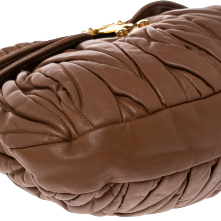 Pre Owned Miu Miu Brown Matelassé Lux Leather Coffer Hobo