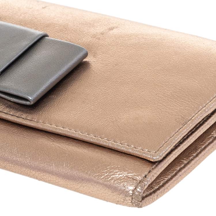 Pre Owned Miu Miu Metallic Gold/Grey Leather Bow Continental Wallet