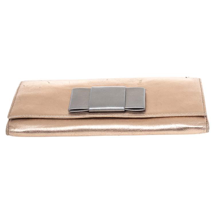 Pre Owned Miu Miu Metallic Gold/Grey Leather Bow Continental Wallet