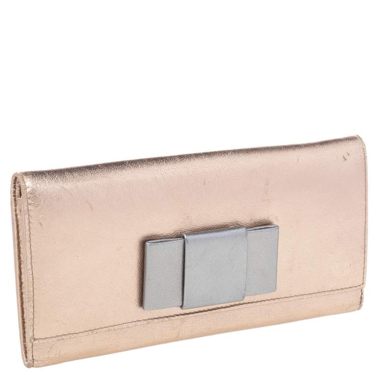 Pre Owned Miu Miu Metallic Gold/Grey Leather Bow Continental Wallet