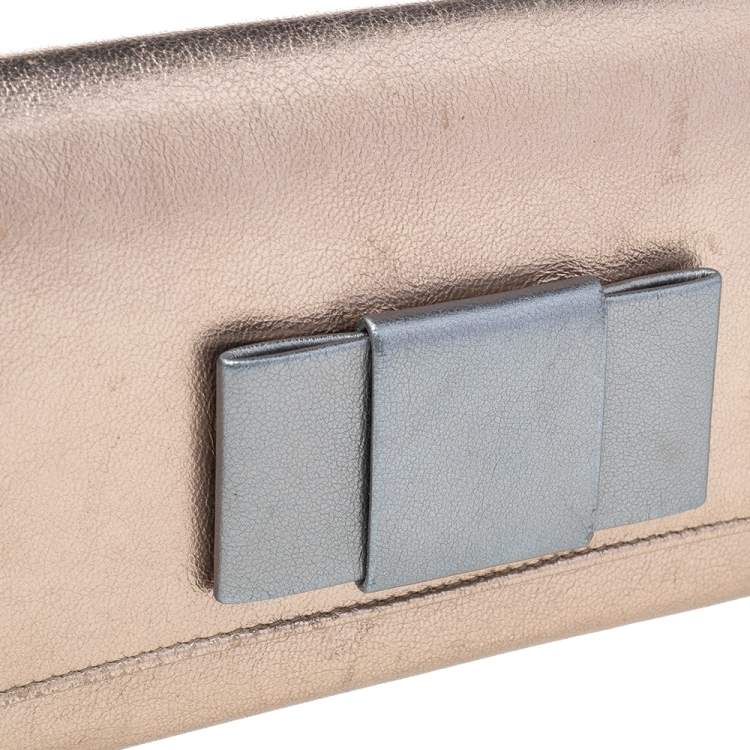 Pre Owned Miu Miu Metallic Gold/Grey Leather Bow Continental Wallet