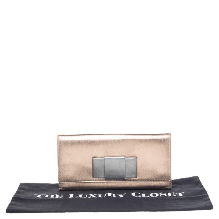 Pre Owned Miu Miu Metallic Gold/Grey Leather Bow Continental Wallet