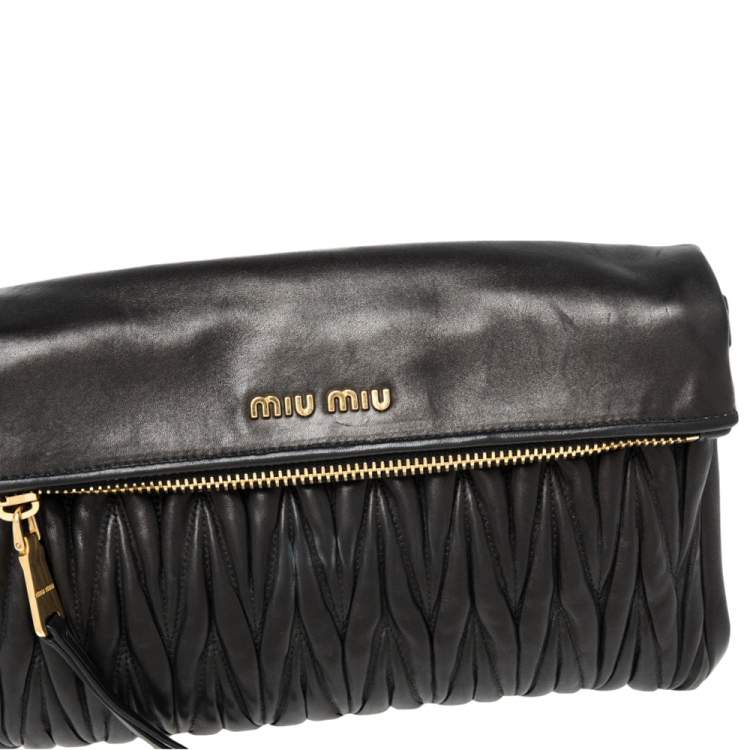 Pre Owned Miu Miu Black Matelassé Leather Fold Over Clutch