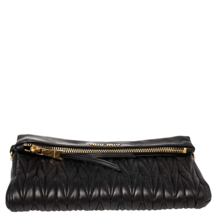 Pre Owned Miu Miu Black Matelassé Leather Fold Over Clutch