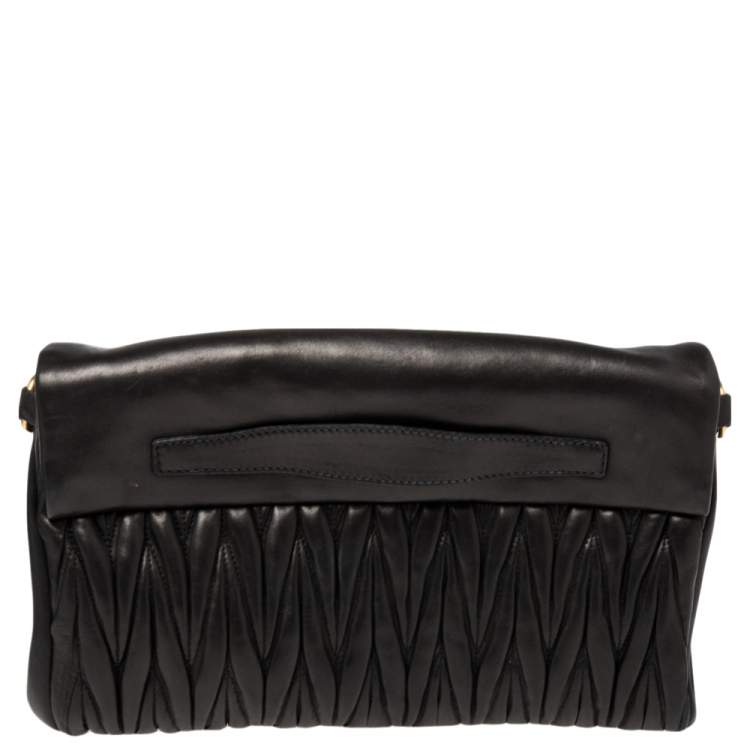 Pre Owned Miu Miu Black Matelassé Leather Fold Over Clutch