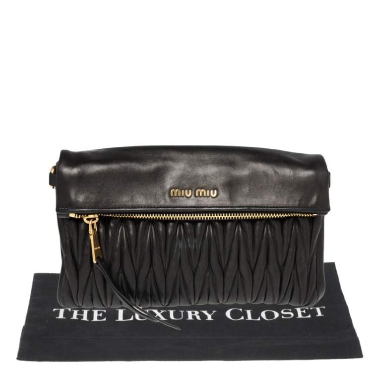 Pre Owned Miu Miu Black Matelassé Leather Fold Over Clutch