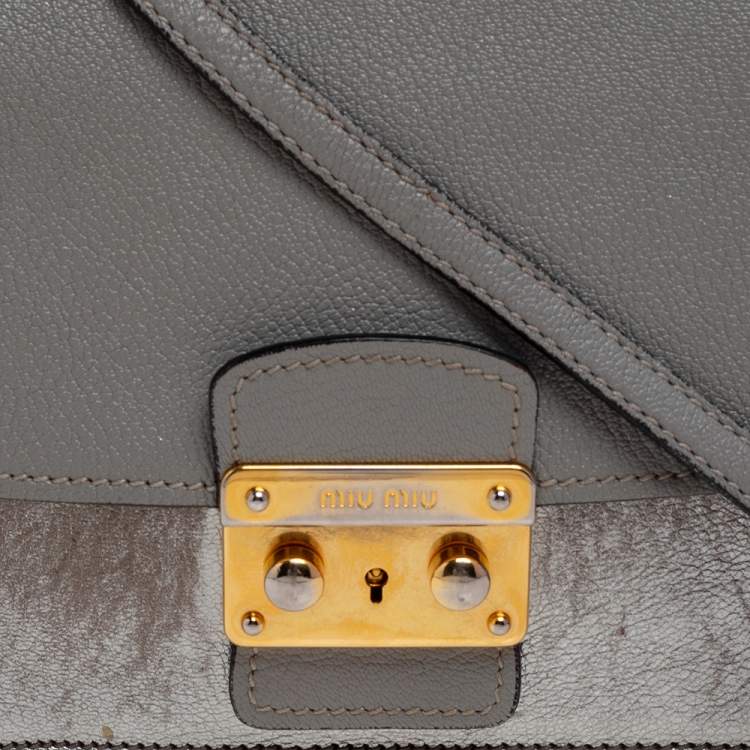 Pre Owned Miu Miu Grey/Silver Madras Leather Push Lock Shoulder Bag