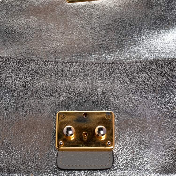 Pre Owned Miu Miu Grey/Silver Madras Leather Push Lock Shoulder Bag